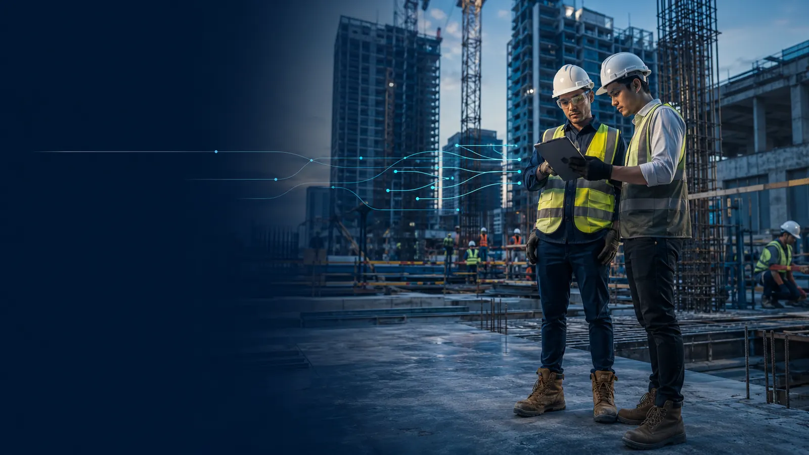 Singapore construction engineers reviewing site workflow records on a high-rise project