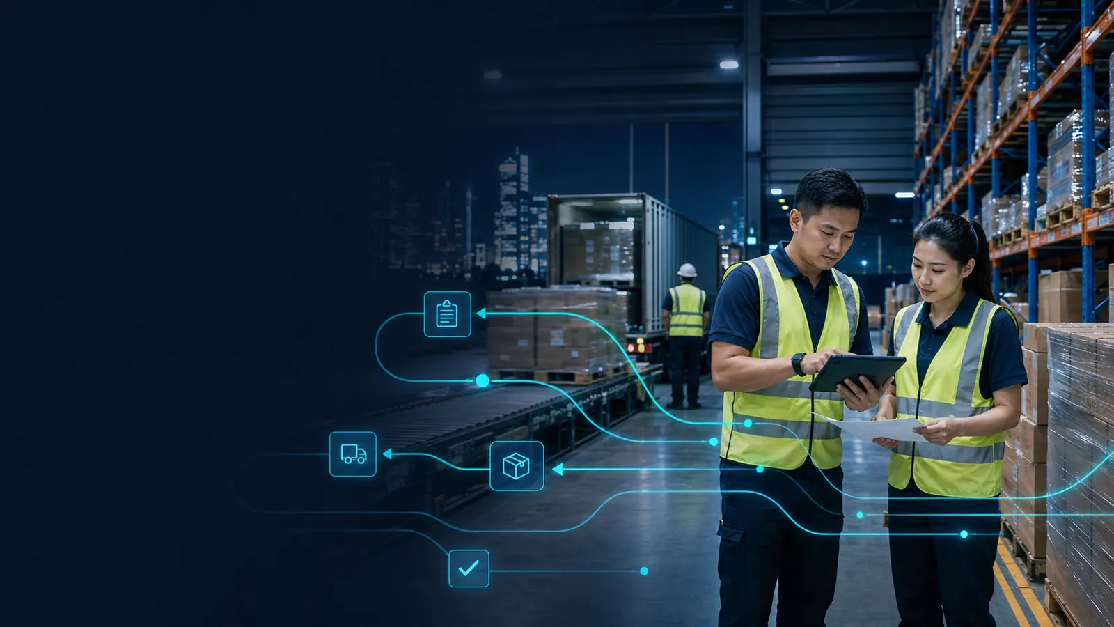 Singapore logistics team reviewing delivery workflow information in a modern warehouse