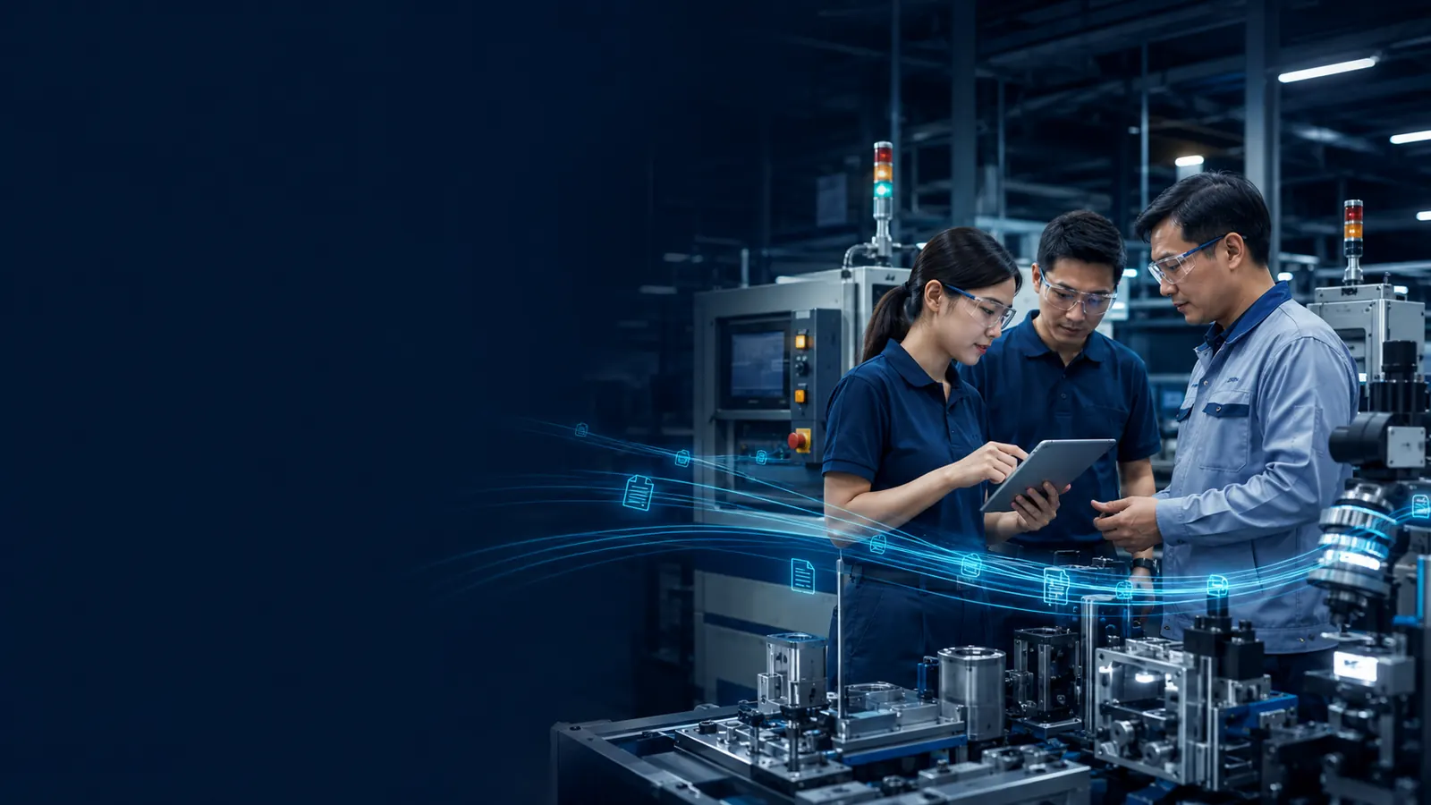 Singapore manufacturing engineers reviewing quality workflow data beside precision machinery
