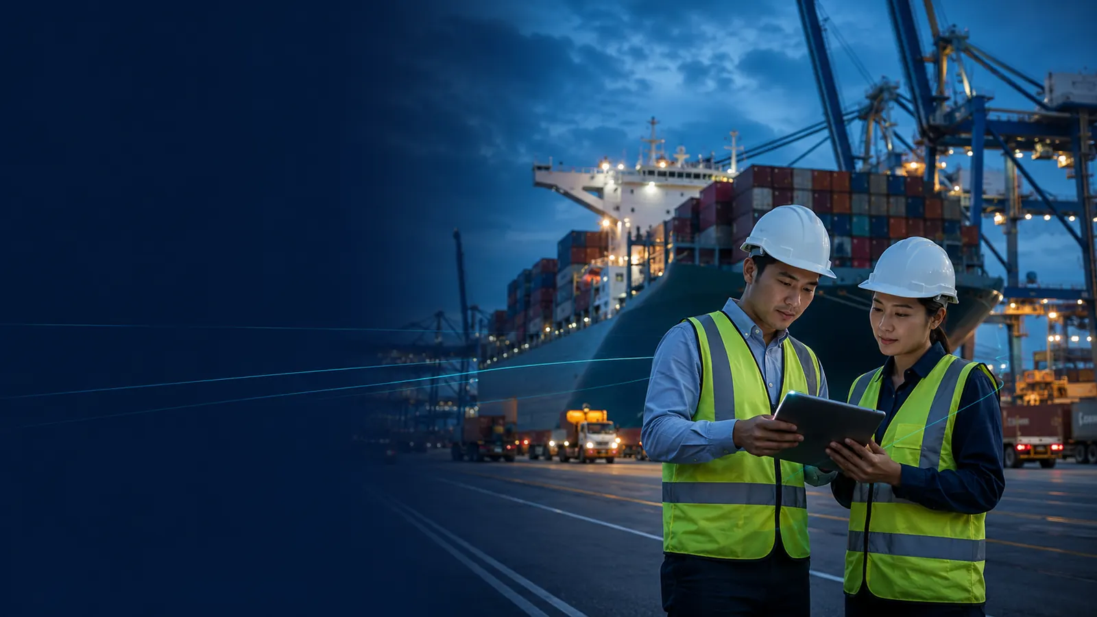 Singapore maritime operations team reviewing shipping workflow information at a container terminal