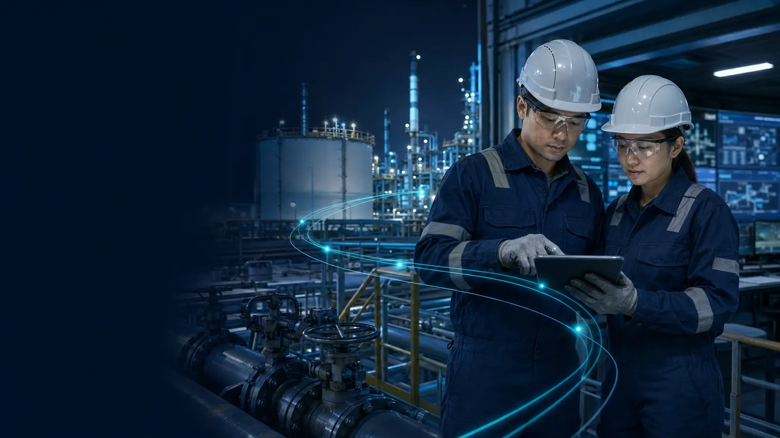 Oil and gas engineers reviewing validated operational records in a refinery environment